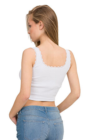 Kadın Elastan Kaşkorse Dantelli Crop