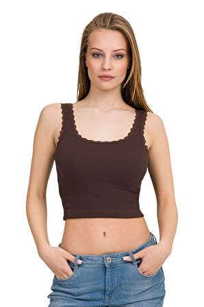 Kadın Elastan Kaşkorse Dantelli Crop