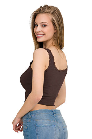 Kadın Elastan Kaşkorse Dantelli Crop