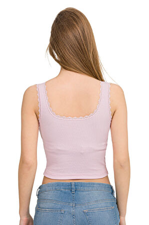 Kadın Elastan Kaşkorse Dantelli Crop