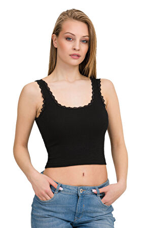 Kadın Elastan Kaşkorse Dantelli Crop