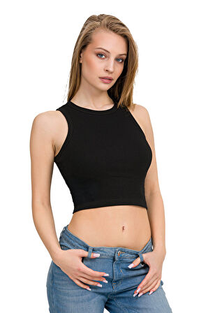 Kadın Halter Yaka Elastan Kaşkorse Crop