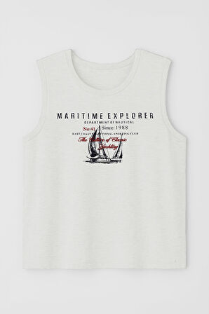 Erkek Bisiklet Yaka Baskılı Açık Mavi Kolsuz T-shirt
