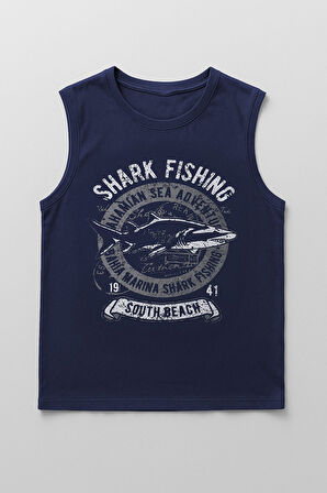 Erkek %100 Pamuk Bisiklet Yaka Shark Baskılı Kolsuz T-shirt