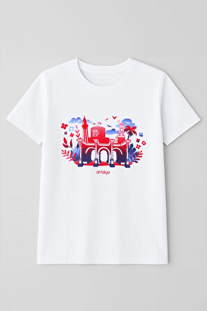 Kadın %100 Pamuk Antalya Baskılı Beyaz T-Shirt