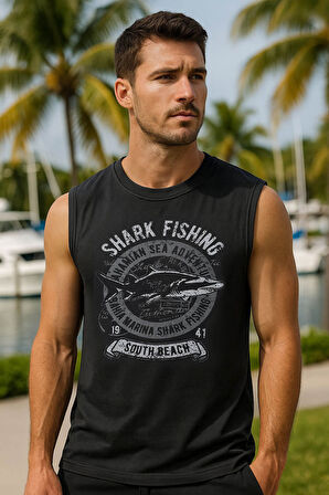 Erkek %100 Pamuk Bisiklet Yaka Shark Baskılı Kolsuz T-shirt