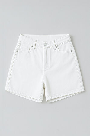 Kadın Yüksek Bel %100 Pamuk Ekru Jean Şort