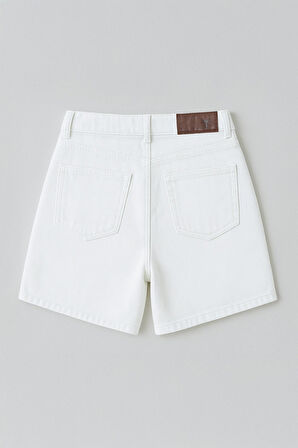 Kadın Yüksek Bel %100 Pamuk Ekru Jean Şort