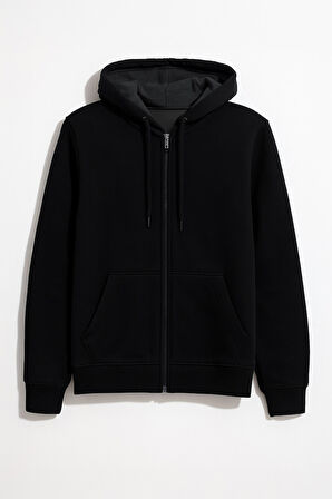 Erkek Fermuarlı Kapüşonlu Cepli İçi Polarlı Sweatshirt