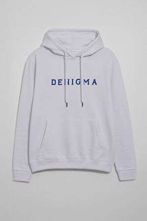 Erkek Kapüşonlu Cepli Yazı Baskılı Beyaz Sweatshirt