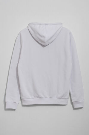 Erkek Kapüşonlu Cepli Yazı Baskılı Beyaz Sweatshirt