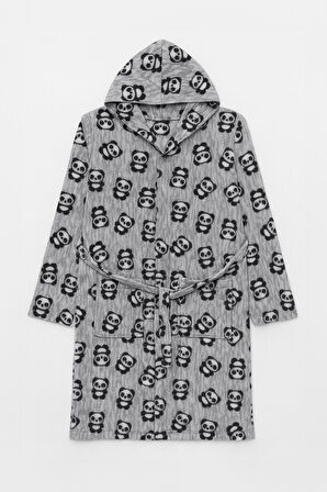 Kadın Kapüşonlu Panda Desenli Polar Sabahlık