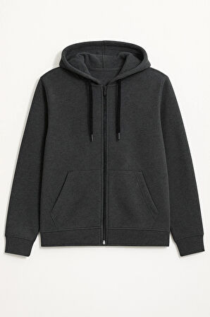 Erkek Fermuarlı Kapüşonlu Cepli İçi Polarlı Sweatshirt