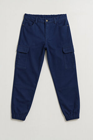 Kadın Kargo Cep Beli Lastikli Slim Fit Lacivert Jean Pantolon