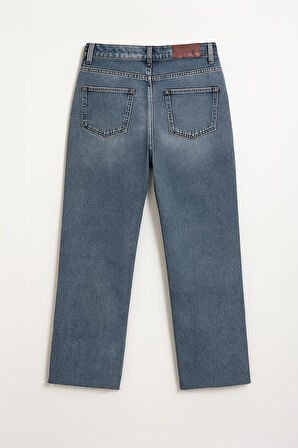 Kadın %100 Pamuk Wide Leg Paçası Kesik Jean Pantolon