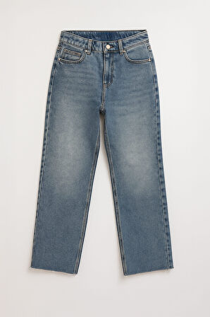 Kadın %100 Pamuk Wide Leg Paçası Kesik Jean Pantolon