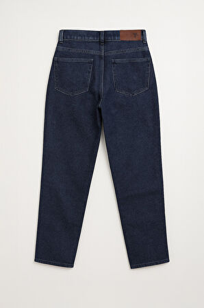 Kadın Yüksek Bel Mom Fit İndigo Jean Pantolon