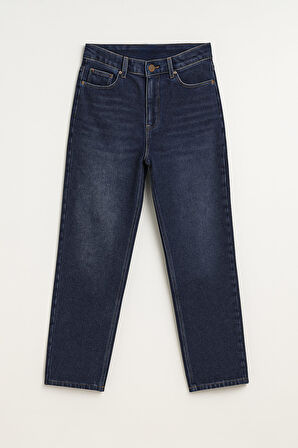 Kadın Yüksek Bel Mom Fit İndigo Jean Pantolon