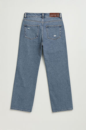 Kadın Yüksek Bel Wide Leg Yırtık Detaylı Buz Mavisi Jean Pantolon