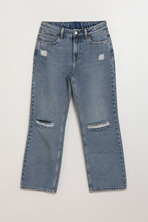 Kadın Yüksek Bel Wide Leg Yırtık Detaylı Buz Mavisi Jean Pantolon