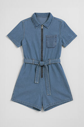 Kadın Kısa Kollu Fermuarlı Jean Tulum Şort