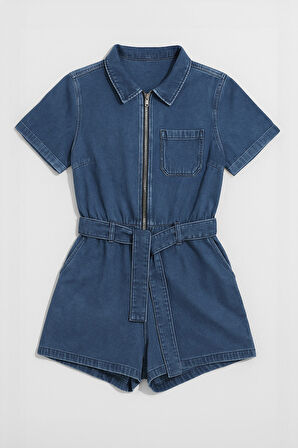 Kadın Kısa Kollu Fermuarlı Jean Tulum Şort