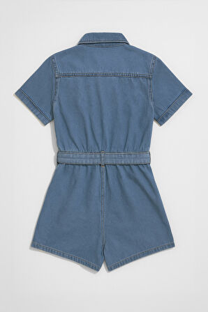 Kadın Kısa Kollu Fermuarlı Jean Tulum Şort