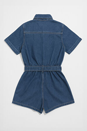 Kadın Kısa Kollu Fermuarlı Jean Tulum Şort