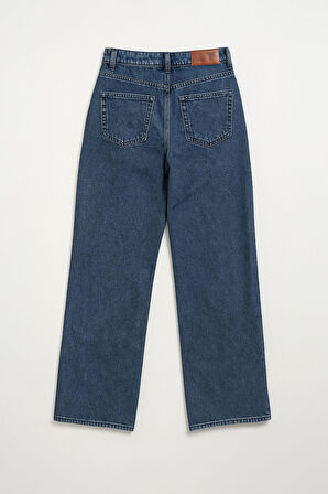 Kadın Yüksek Bel Geniş Kesim Paça Detaylı Jean Pantolon