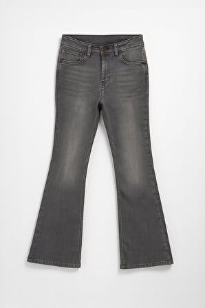 Kadın İspanyol Paça Likralı Esnek Gri Flare Jean Pantolon