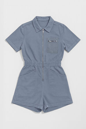 Kadın Kısa Kollu Fermuarlı Beli Lastikli Jean Tulum Şort