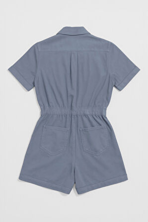 Kadın Kısa Kollu Fermuarlı Beli Lastikli Jean Tulum Şort