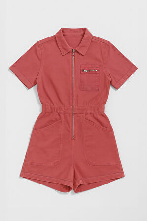 Kadın Kısa Kollu Fermuarlı Beli Lastikli Jean Tulum Şort