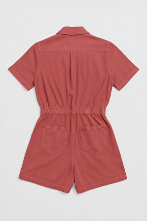 Kadın Kısa Kollu Fermuarlı Beli Lastikli Jean Tulum Şort