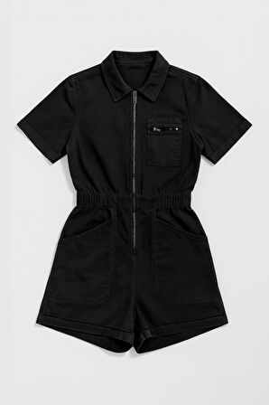 Kadın Kısa Kollu Fermuarlı Beli Lastikli Jean Tulum Şort