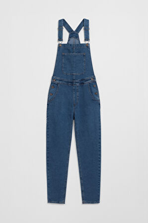 Kadın Rahat Kesim Askılı Jean Salopet Pantolon