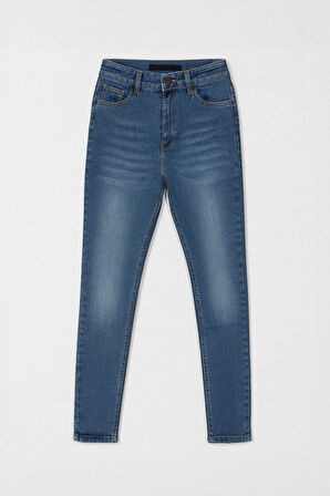 Kadın Yüksek Bel Skinny Fit Dar Paça Mavi Jean Pantolon