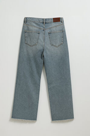 Kadın Yüksek Bel Wide Leg Dizi Yırtık Buz Mavi Jean Pantolon
