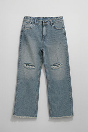 Kadın Yüksek Bel Wide Leg Dizi Yırtık Buz Mavi Jean Pantolon