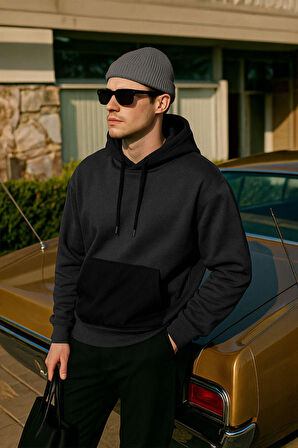 Erkek Kapüşonlu Cepli Antrasit Sweatshirt