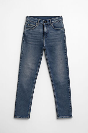 Kadın Yüksek Bel Slim Fit Likralı Mavi Jean Pantolon