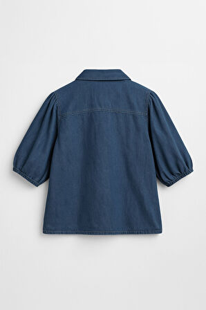 Kadın Balon Kollu %100 Pamuk Mavi Jean Gömlek