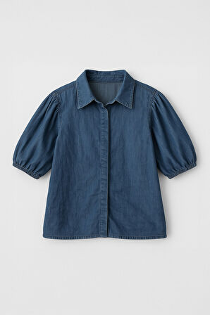 Kadın Balon Kollu %100 Pamuk Mavi Jean Gömlek