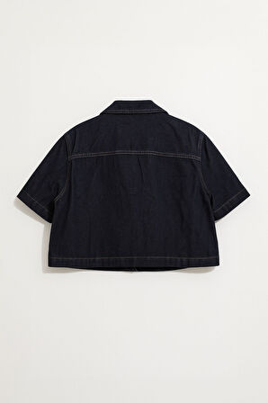 Kadın Regular Fit Cepli Lacivert Crop Jean Gömlek