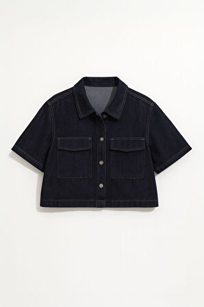 Kadın Regular Fit Cepli Lacivert Crop Jean Gömlek