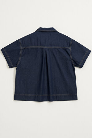 Kadın Rahat Kalıp Cepli Lacivert Jean Gömlek