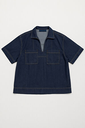 Kadın Rahat Kalıp Cepli Lacivert Jean Gömlek