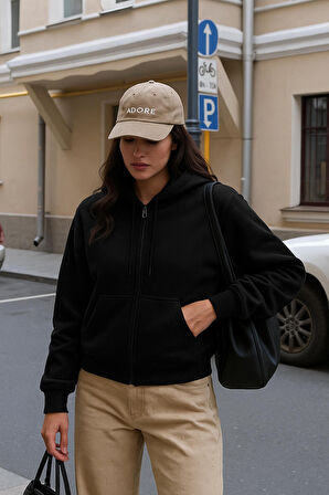 Kadın Fermuarlı Kapüşonlu Cepli İçi Polarlı Sweatshirt