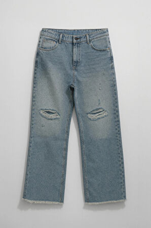 Kadın Yüksek Bel Wide Leg Dizi Yırtık Buz Mavi Jean Pantolon