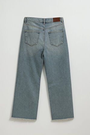Kadın Yüksek Bel Wide Leg Dizi Yırtık Buz Mavi Jean Pantolon